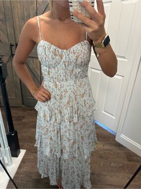 Floral Tiered Spaghetti-Strap Maxi Dress - Light Blue BRAND NEW